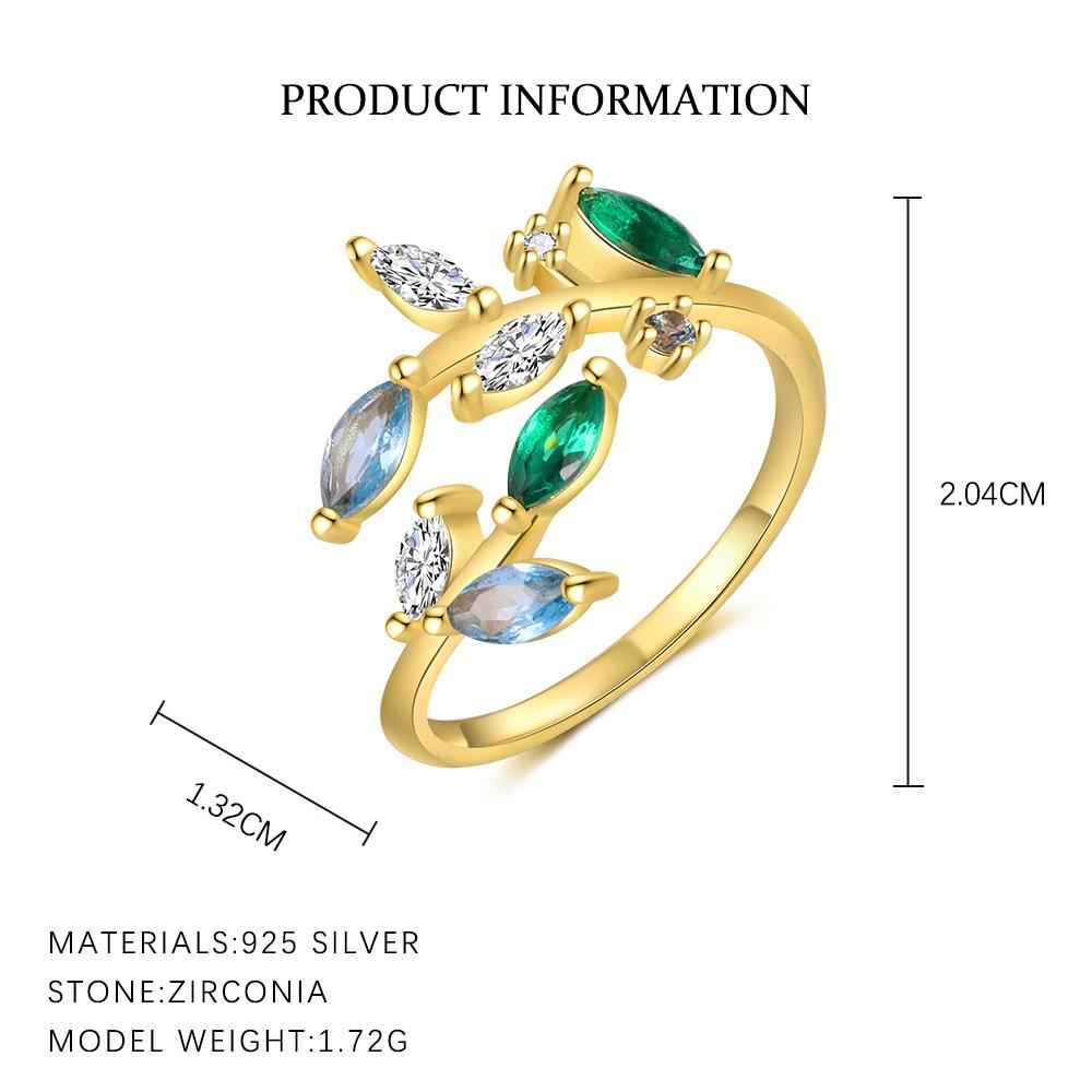 925 Sterling Silver Exquisite Colorful Zircon Flowers Leaves Ring For Women Double Design Size7 Adjustable Party Wedding Jewelry