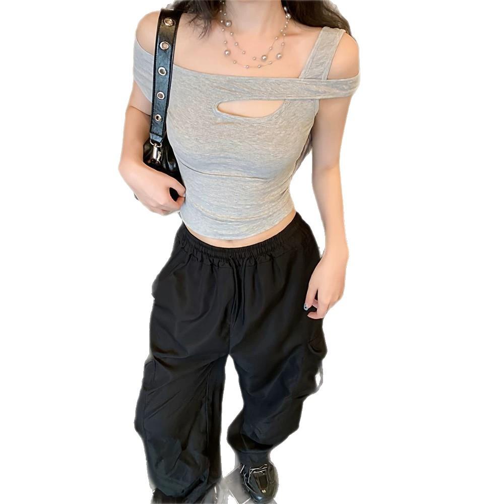 Sweet and Spicy Cut-out Off-shoulder Short-sleeve T-shirt for Women, New Summer Design Cropped Petite Waist-cinching Cropped Top