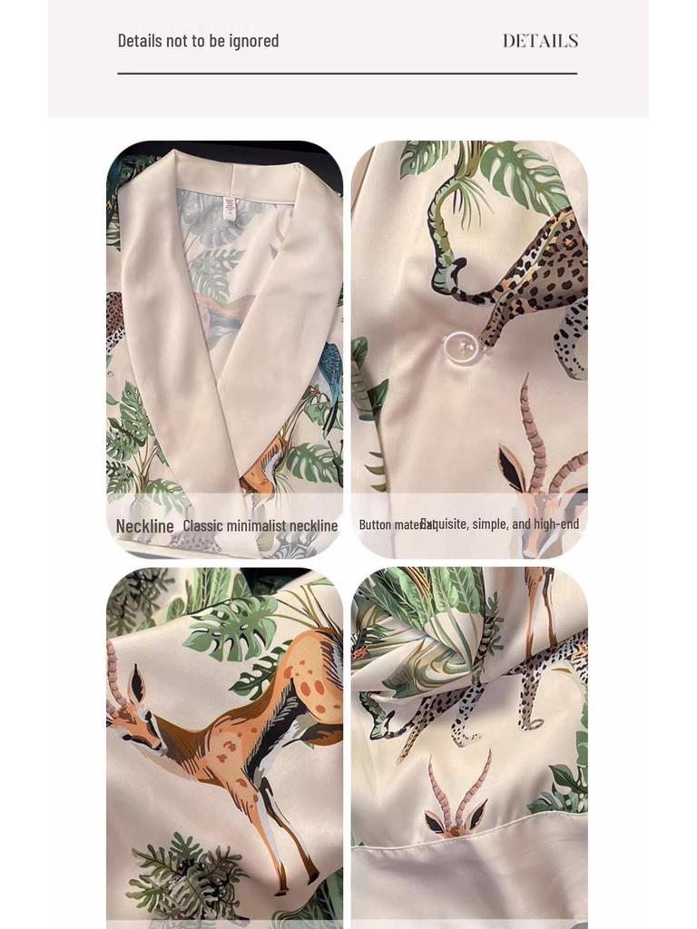 Women's Ice Silk Pajama Set: Long Sleeve, High-End Forest Style for Spring & Autumn Wear