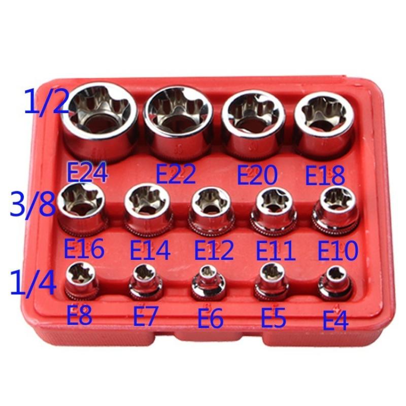 14Pcs E4‑E24 1/4" 3/8" 1/2" Drive Female E‑Type Plum Blossom Socket Wrench Kit with Storage Box Auto Repair Hand Tool
