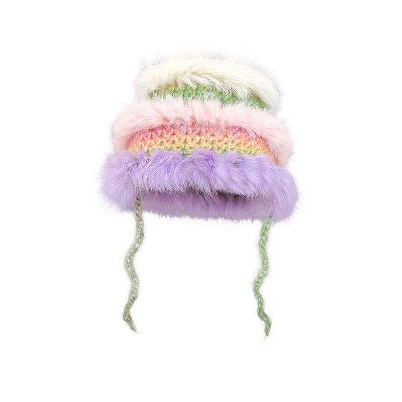 Autumn and winter dopamine stripes contrasting colors plush fisherman's hat children's warm ear protectors knitted hat versatile strap wool hat