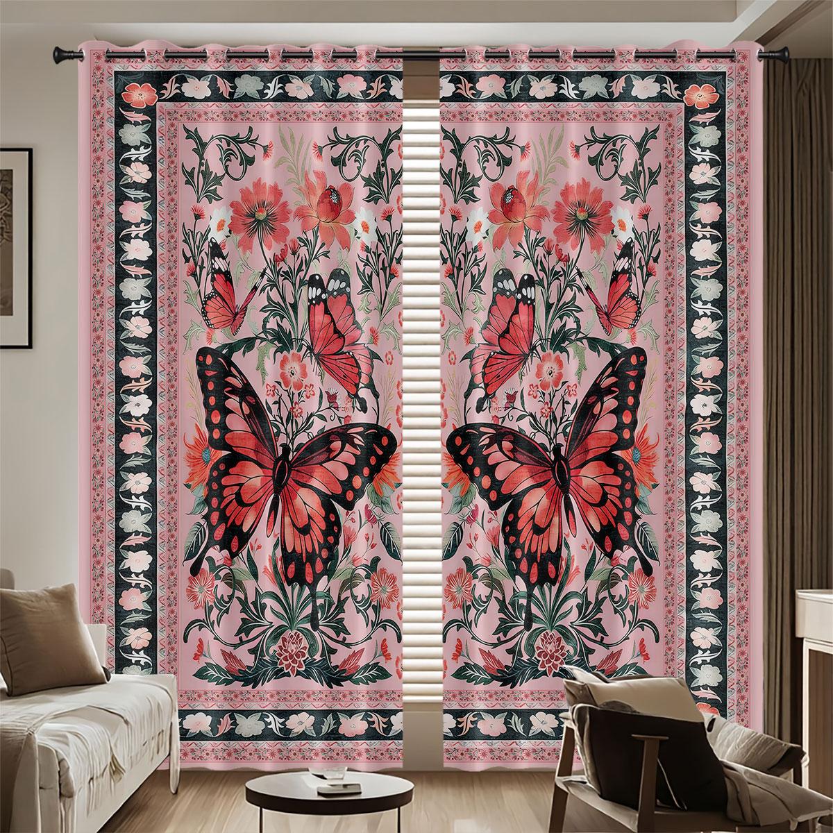 

2pcs Retro Pattern Beautiful Butterfly Print Perforated Blackout Curtains In Multiple Sizes Living Room Insulation Decoration 140x160&Grommet Top