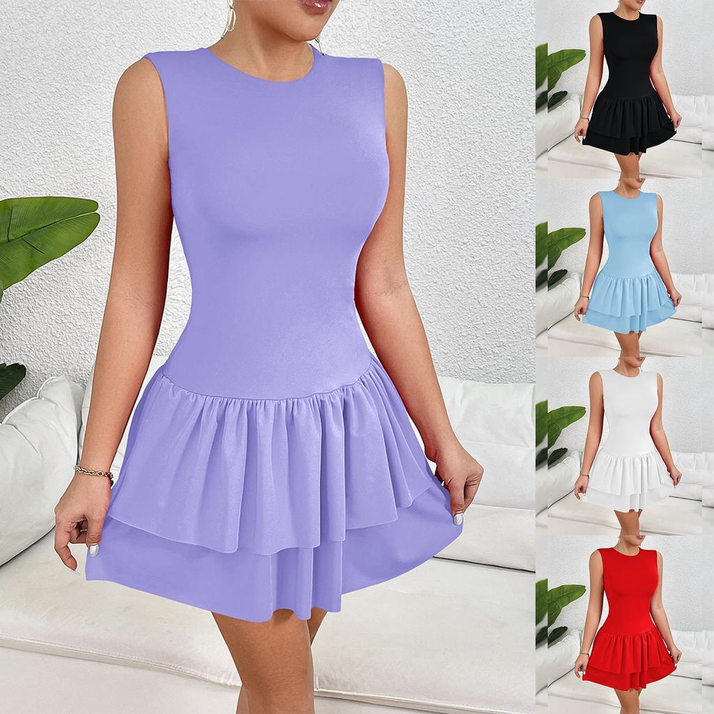Women's Fashion Solid Color Ruffled Skirt Sleeveless Pleated Dress
