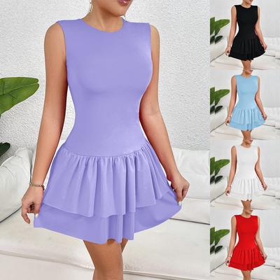 Women's Fashion Solid Color Ruffled Skirt Sleeveless Pleated Dress