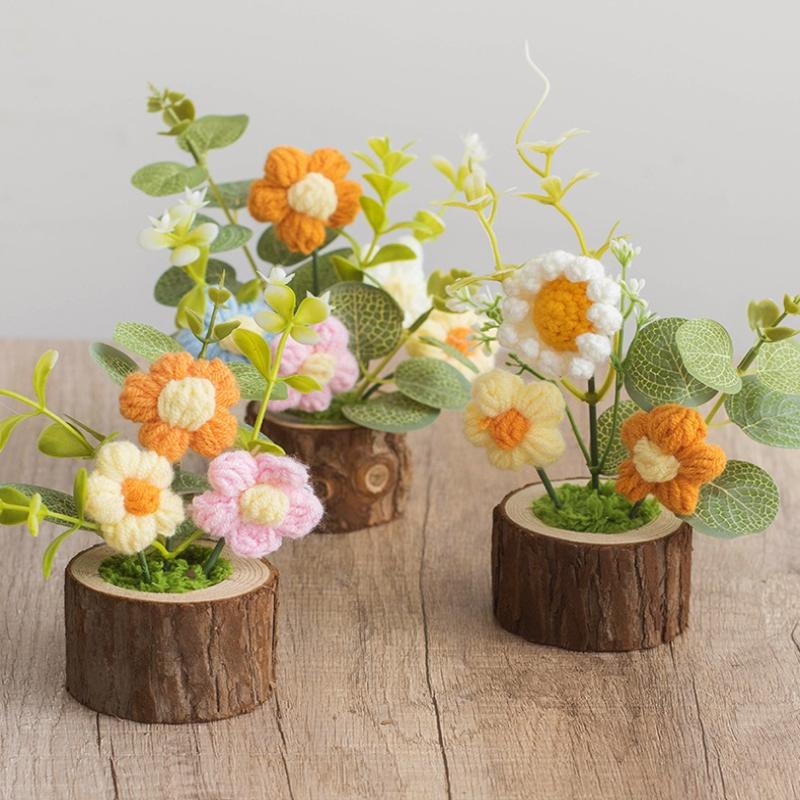 Handmade Crochet Flowers Potted Ornament Car Center Console Decor Cartoon Knitting Flowers Potted Diy Decoration Accessories