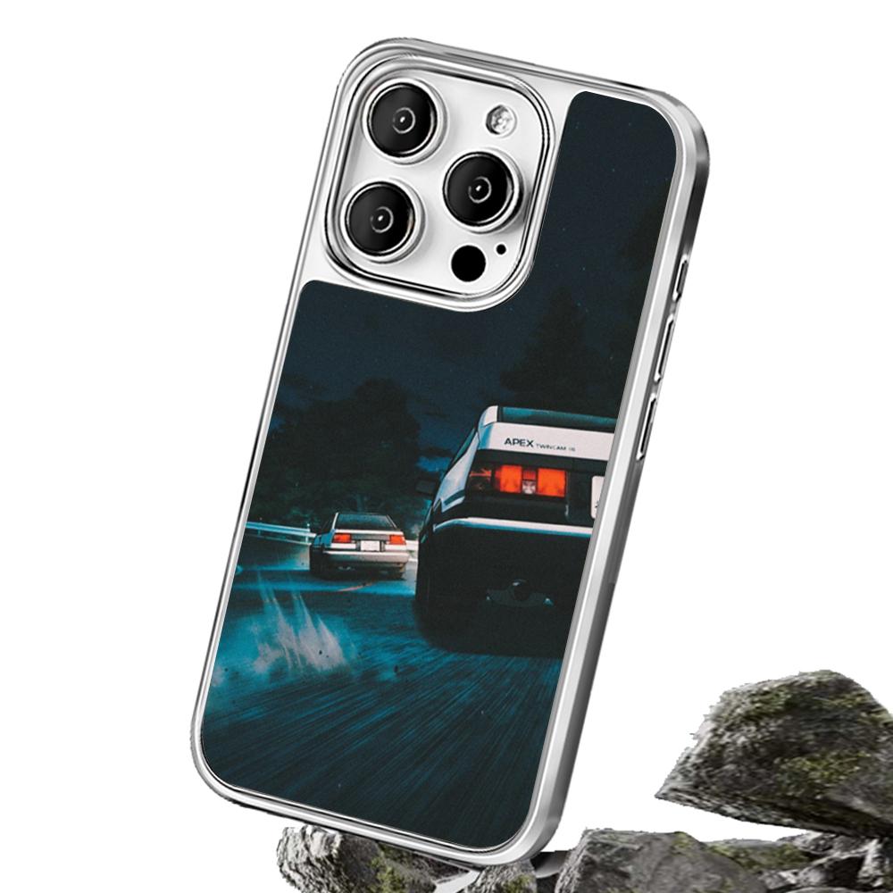 Racing Initial D Anime Sports Car Phone Case for iPhone 16 15 14 13 12 11 Pro Max Sheepskin Silver-edged Protective Case