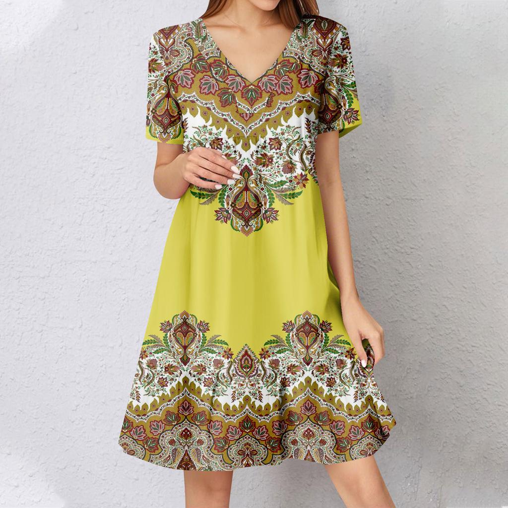 Womens Summer Dress Short Sleeve V Neck Short Dresses Fashion Casual Flowy Boho Ruffle A Line Swing Sundress