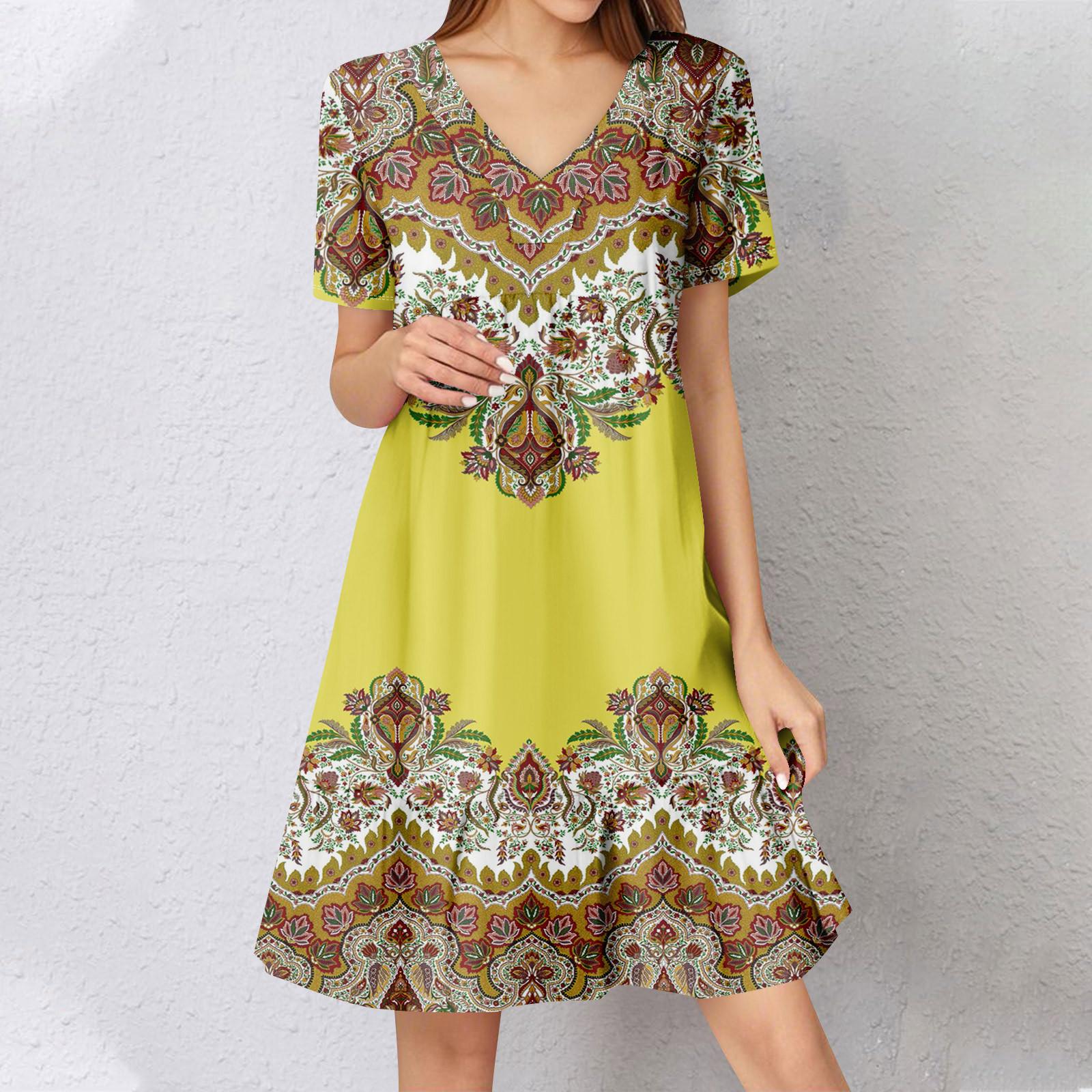 

Женское летнее платье с коротким рукавом и V-образным вырезом, короткие платья, модное повседневное струящееся бохо-платье с оборками, А-силуэт, свободное платье-халат L