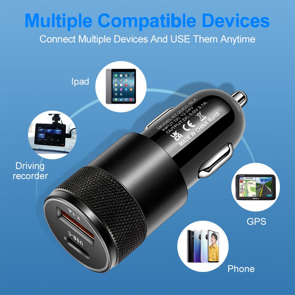 Type C USB 2 Port Car Charger Phone Charger 3.1A Fast Charging 12V 15W Cigarette Lighter Adapter Power Outlet for iPhone Samsung