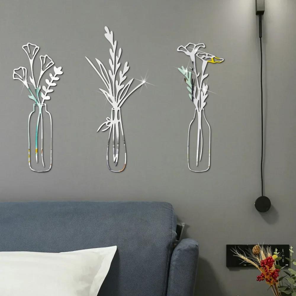 

3pcs Flower Vase Mirror Wall Sticker Acrylic Wall Sticker Living Room Bedroom Decoration DIY 3D Self-adhesive Home Decor Sticker H 20cm срібний