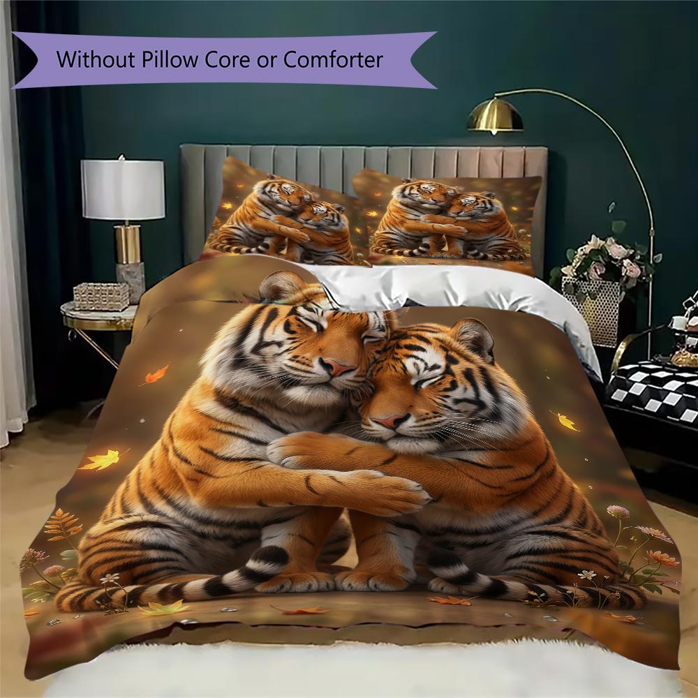 Sweet Tiger Pairs Pattern Bedding Uilt Set Uilt Cover Pillowcase Home Decoration Birthday Gift (1 * Duvet Cover + 2 * Pillowcase Without Core)