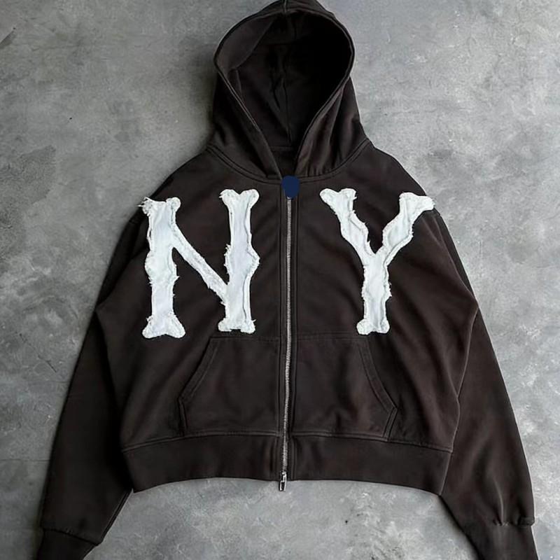 Mens Hooded Zip-Up Sweatshirt With Embroidered NY - Loose Fit Casual Pullover Fall