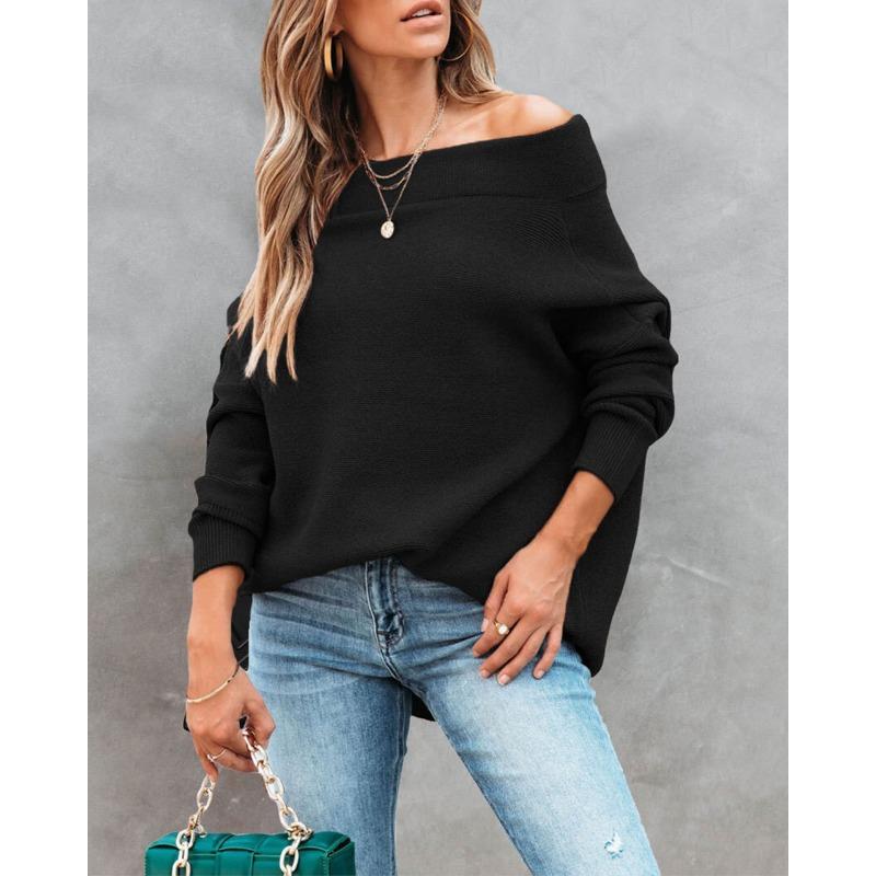 Γυναικείο φθινοπωρινό και χειμερινό πουλόβερ με ψηλό λαιμό με έναν ώμο μονόχρωμο, χαλαρό πουλόβερ