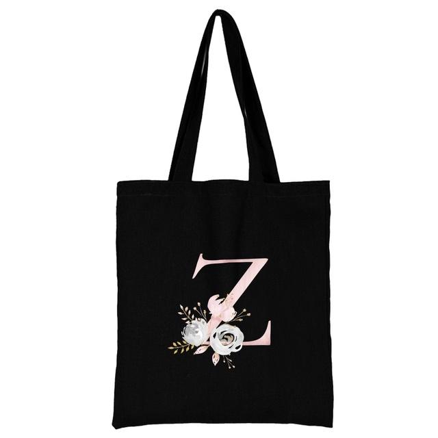 

Сумка для покупок, черная женская пригородная сумка с розовым цветком и буквами, имя, начальный узор, серия с принтом, холщовая сумка на плечо, многоразовая сумка-тоут 34*42cm
