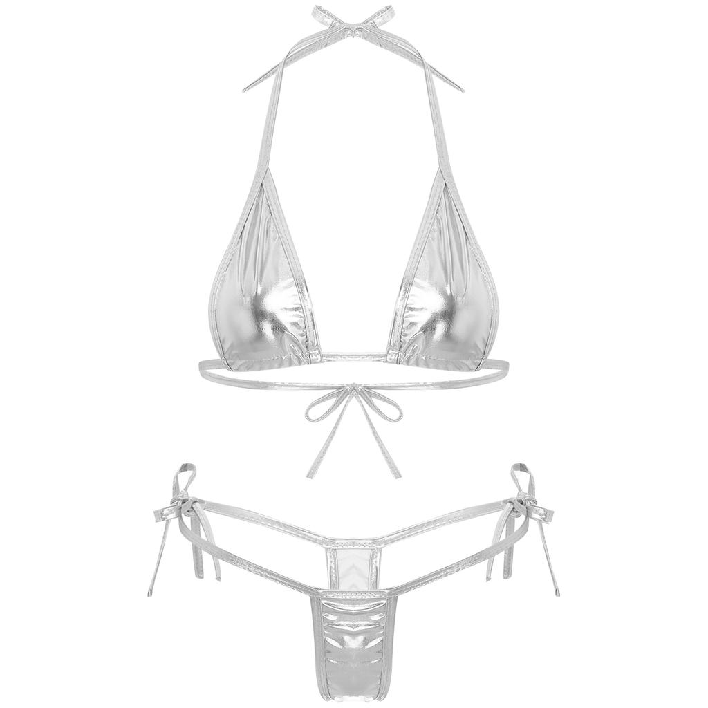 Womens Metallic Bikini Set Lacing Triangle Top G String Swimwear for Pool Parties