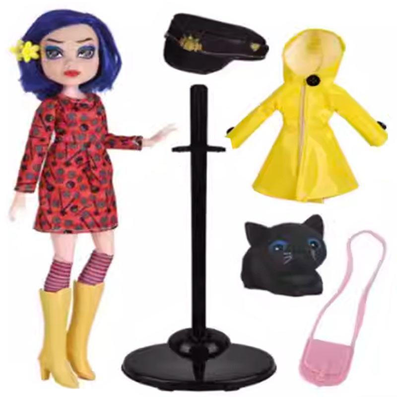 Ghost Mom Caroline Doll Yellow Raincoat Black Cat Joint Movable Action Figure Dress Up Set Toy Ornament Birthday Gift