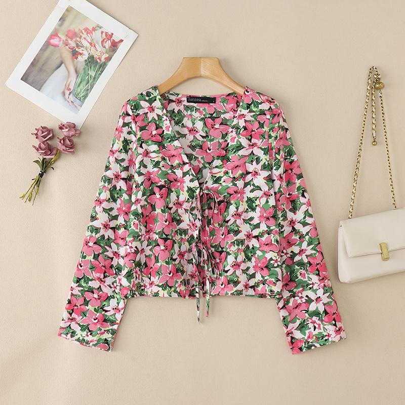 

ZANZEA Женская повседневная блузка-кардиган на шнуровке с V-образным вырезом и длинными рукавами с цветочным принтом M