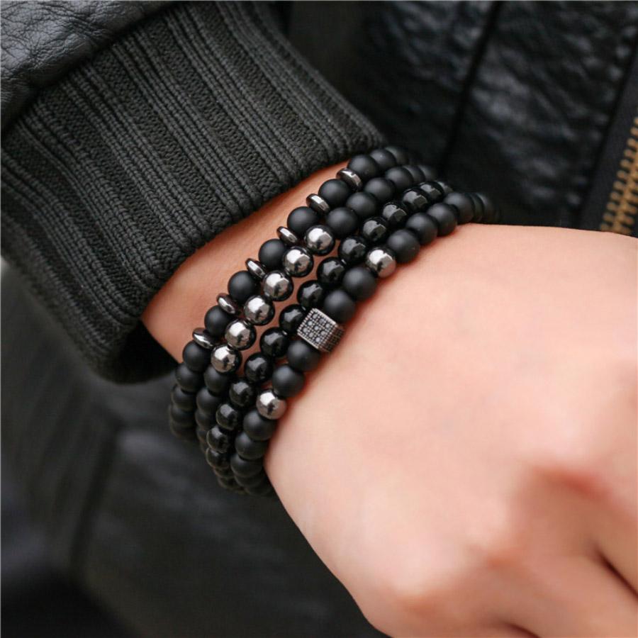 Stylish Men Bracelet Set Luxury Zirconia Braslet Beaded Black Onyx Hematite Healing Braclet Perfect Gift For Him Pulseria Homme