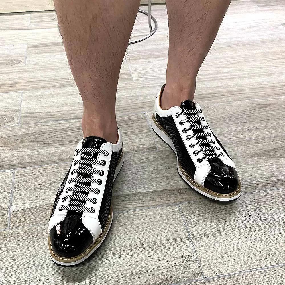 Fashion Luxury Brand Large Size Men's Flat Sneakers 6 To 13 Patent Leather Lace-up Black White Casual Shoes for Men