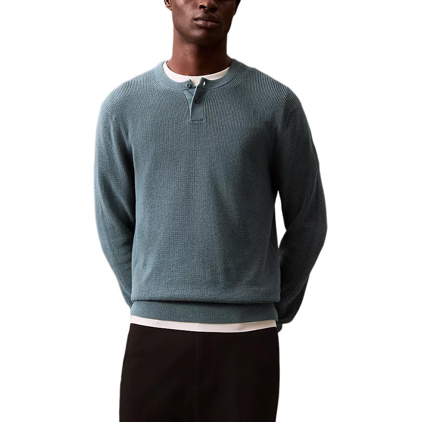 Calvin Klein Minimalist Comfortable Versatile Casual Warm Waffle Henley Long Sleeve Sweater Men sweater Blue Gray 40EM305-310