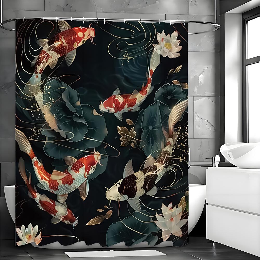 Lotus flowers and colorful carp fish Shower Curtain Washable Dirt-Resistant Shower Head waterproof Polyester Bath Curtain