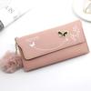 Fashion Fur Ball Wallet for Women Solid Color PU Leather Long Standard Wallets Butterfly Card Holders Purse Female Bag