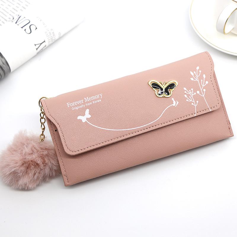 Fashion Fur Ball Wallet for Women Solid Color PU Leather Long Standard Wallets Butterfly Card Holders Purse Female Bag