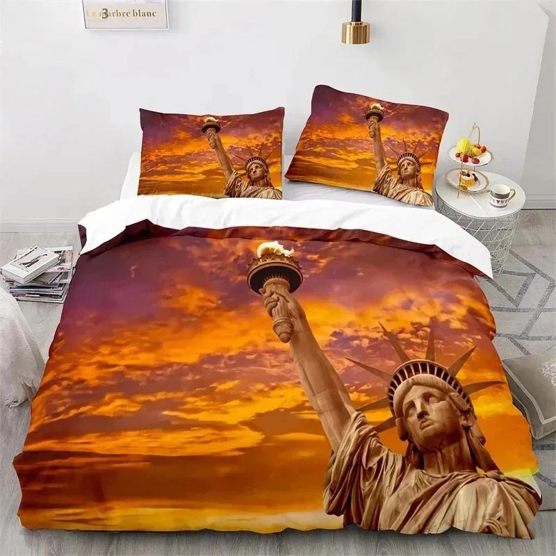 Statue of Liberty Duvet Cover King Size Microfiber World Famous Building Bedding Set New York Landmark Cityscape Comforter Cover