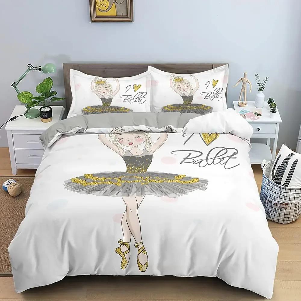 Conjunto de Capa de Edredom de Desenho Animado Bailarina Dançando Estilo Princesa Conjunto de Cama Solteiro Infantil Menina Nórdico Capa de Cama Solteiro Solteiro Plus Queen King