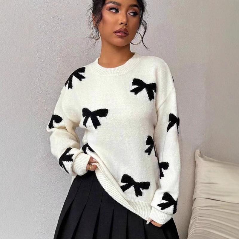 European and American autumn and winter sweaters women's clothing crew neck bow jacquard pullover knitted sweater factory