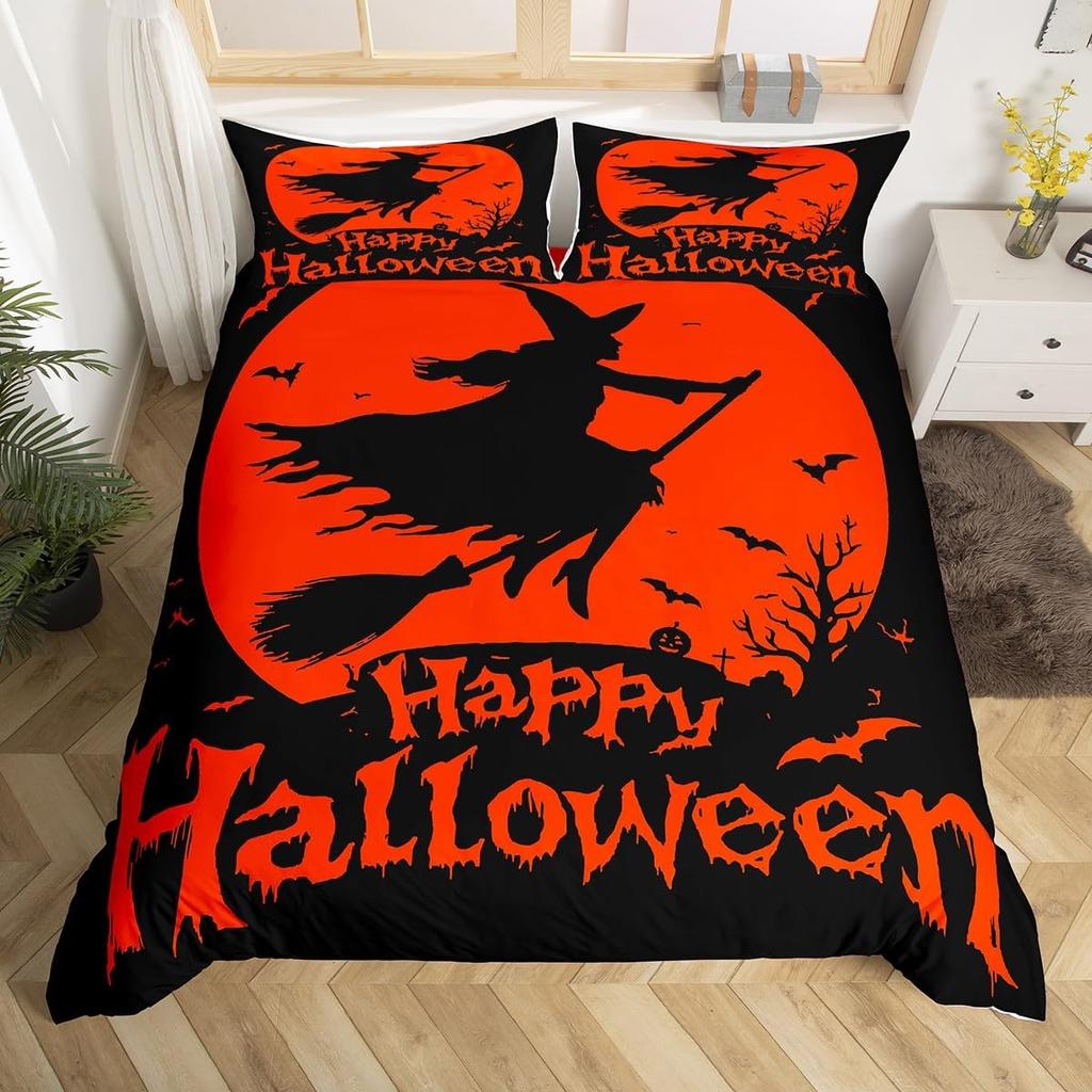 Hapy Halowen Beding Set Ful King-Sized Dimensionsd Dimensions Witch Soft Duvet Cover for Young Boys Tens Spiderweb Warm Comforter Cover Set Magic
