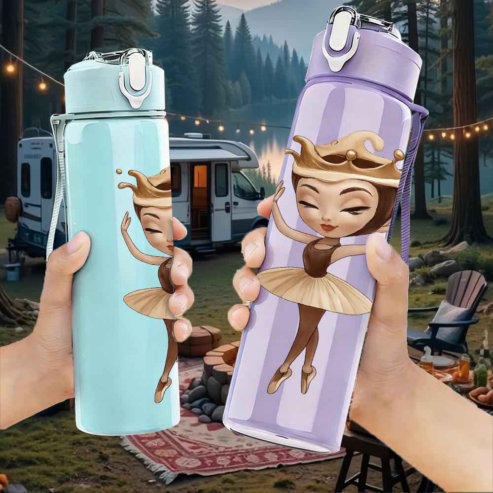 1PC Ballerina Doll Illustration 750ml Color Plastic Sports Water Bottle Leakproof Flip Straw Lid Suitable for Sports Office Home Use