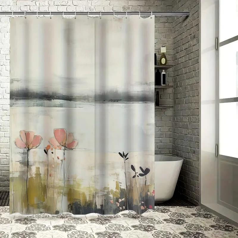 

Abstract Grey White Shower Curtain Bathroom Decor Modern Floral Design Waterproof Polyester Fabric Large Size Home Decoration (1 W60H190(CM)-1 Pcs