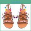 Elegantní Dámské Boho Sandály Gladiator Kožené Ploché Boty S Barevnými Pompony