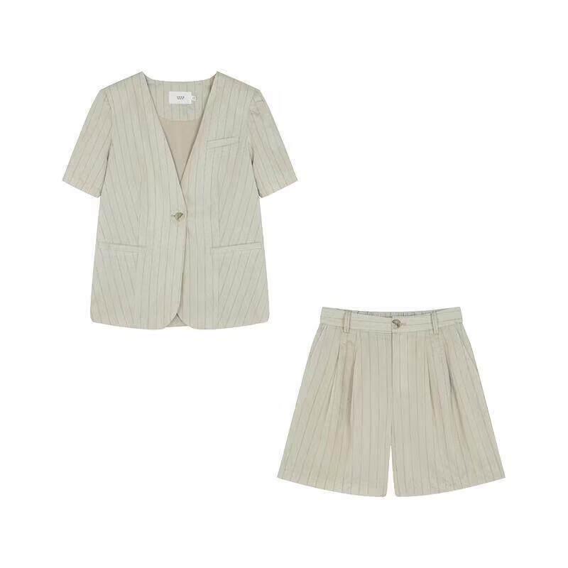 Women's Linen Stripe Short Sleeve Suit Set