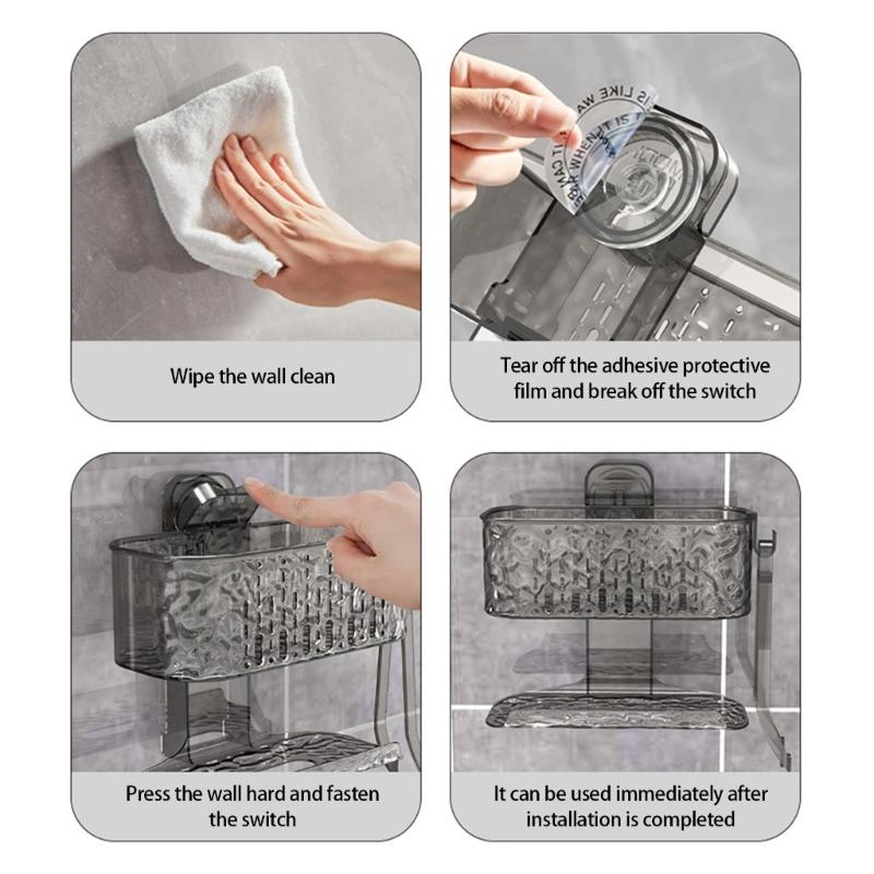 Bathroom Organizers Suction Cup Shelf With Double Layers Ventilated Storage Shelf For Shower Essential And Cosmetics