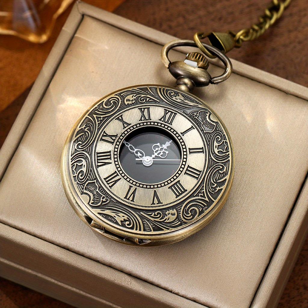Vintage Charme Schwarz Unisex Mode Römische Zahl Quarz Steampunk Taschenuhr Damen Herren Halskette Anhänger mit Kette Geschenk