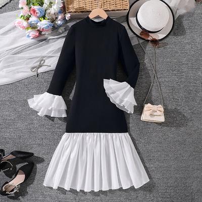 Children's Fashionable Flared Sleeve Fitted Fishtail Dress for Spring and Summer, Elegant Black Princess Dress for Girls