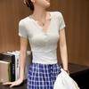 G Youke silk, with good materials and quality, button V-neck T-shirt women's short-sleeved summer new high-waisted top
