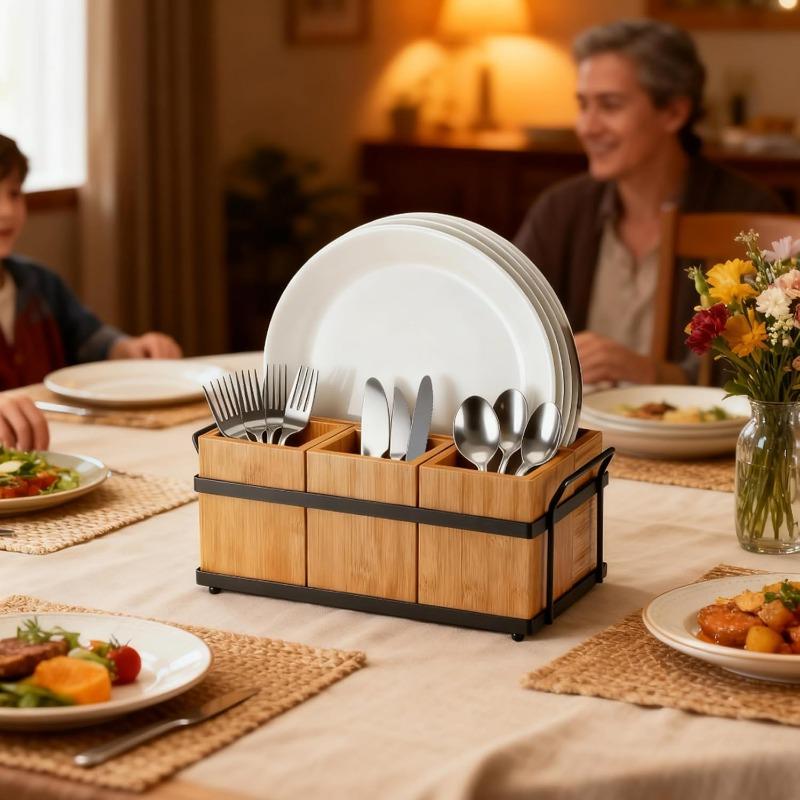 Bamboo Utensil Holder for Party, Wooden Flatware Caddy with 4 Removable Sections, Silverware Organizer with Metal Tray for Kitchen Picnic