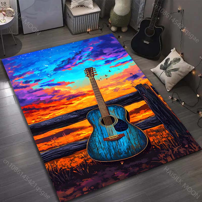 Guitar In The Sunset Print Carpet for Bedroom Living Room Bedside Sofa Floor Mat Modern Home Decor Play Area Rug Large Size