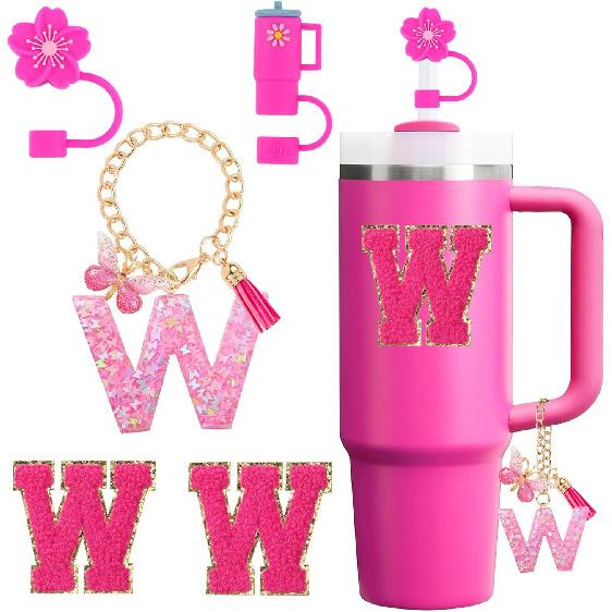 Cup Accessories Set for Stanley Cup 30oz 40oz tumbler with handle, Including Silicone Straw Topper Cover Cap, Handle Charm, Initials Sticker Fuchsia