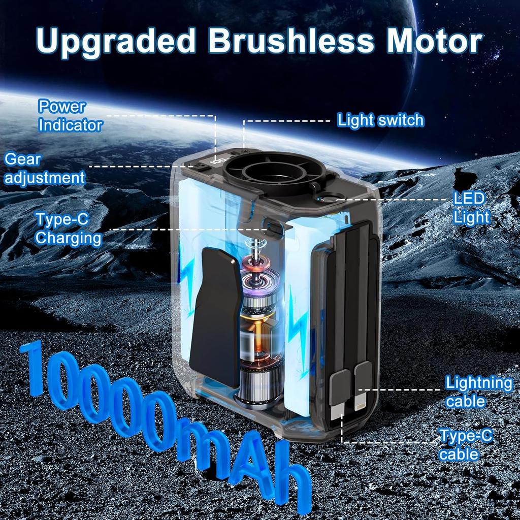 Portable Waist Fan, Built-in Cable 10000mAh Rechargeable, Wearable Personal Shirt Fan, 5-Speeds 16000RPM Strong Airflow, 35H Cooling with Light, Neck