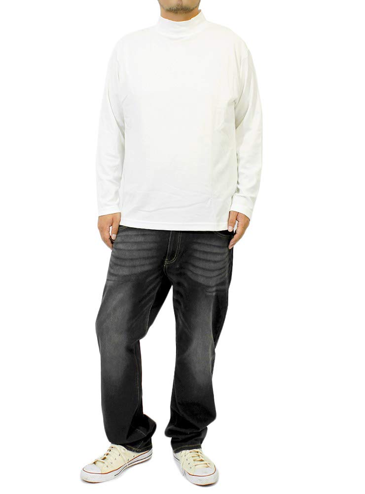 One Colors Men's Long Sleeve T-Shirt, Solid Color, Striped, Rib Knit, High Neck, Size 2L, White