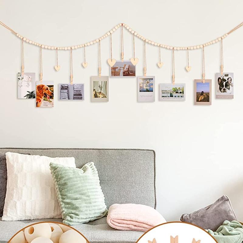 Wooden Beads Photo Clips Holder Picture Display Hanging Rope Photo Organizer Clips String for Home Wall Decor