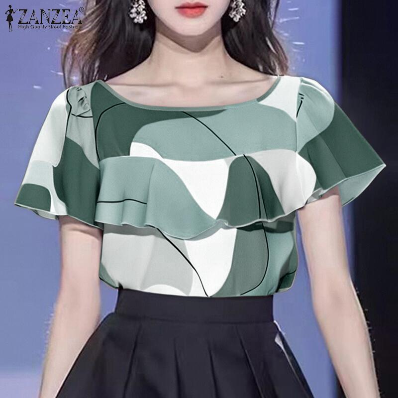 ZANZEA Women Casual Round Neck Short Sleeve Ruffles Print Blouse