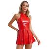 Womens Patent Leather Dress Halter Neck Sleeveless Swing Skirt Mini Length Club Party Dress