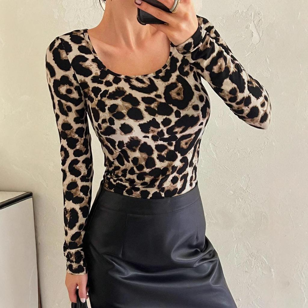 Spring Women's Leopard Print Large Round Neck Slim Long Sleeve T-Shirt