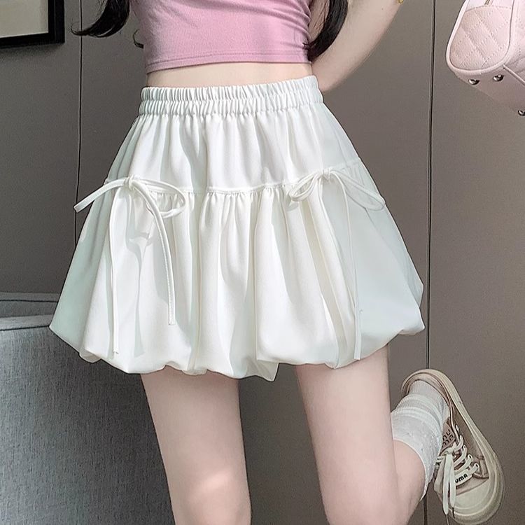 Bowknot Bubble Hem Midi Skirt Women's Summer High Waist Slimming A-Line Puff Short Skirt