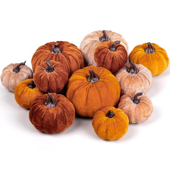 12 Pcs Velvet Foam Pumpkins Simulated Soft Reusable Ultra-light Fall Harvest Thanksgiving Halloween Decoration
